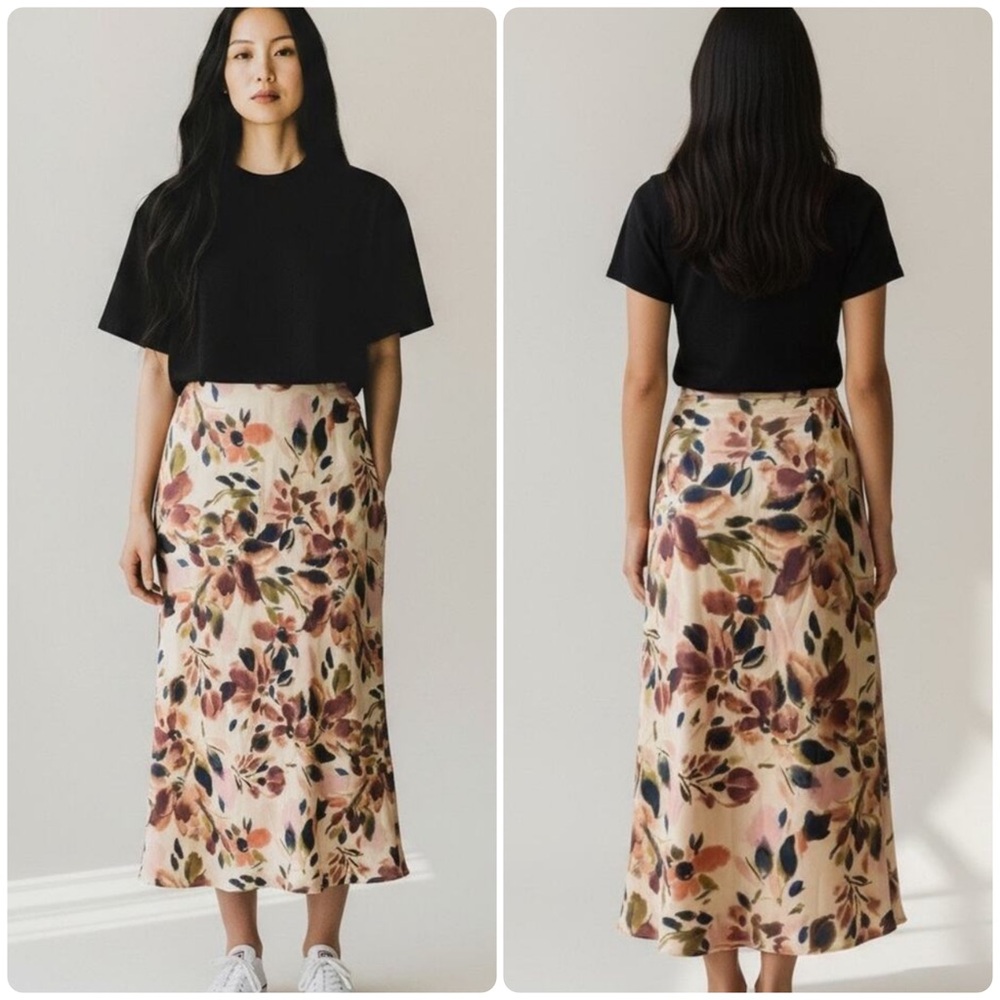 Lost + Wander Thea Cream Floral Satin Midi Skirt NWT Size Small
